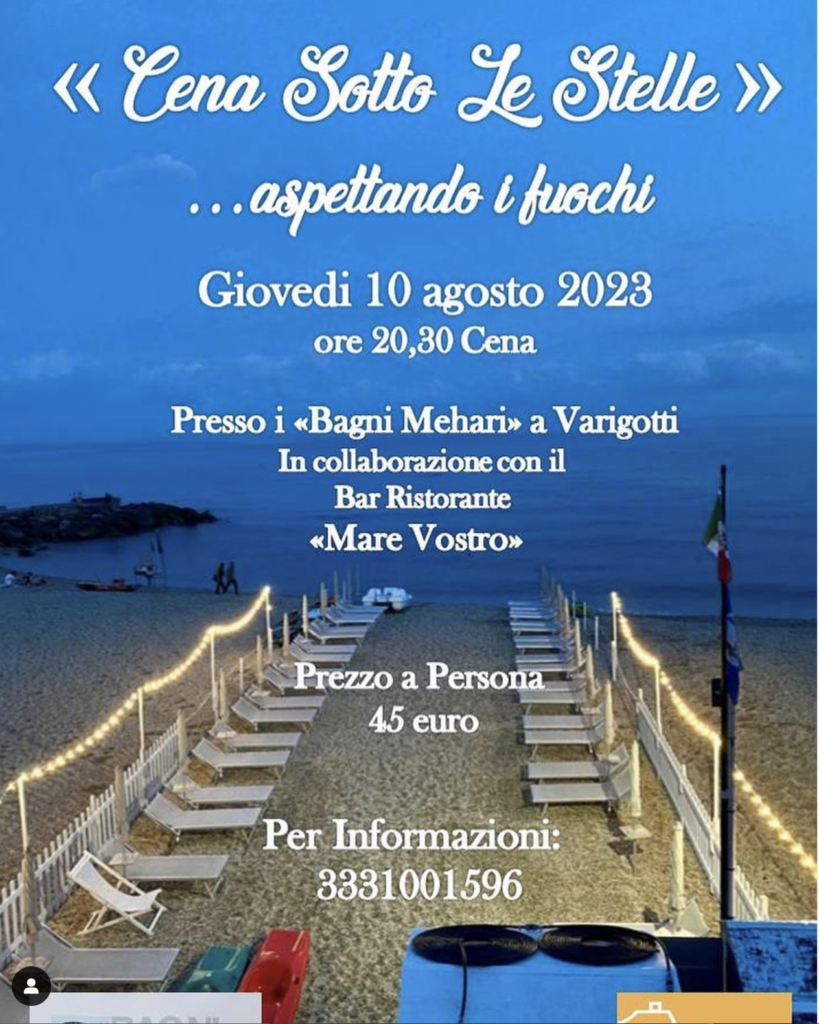 locandina evento 10 Agosto 2023 cena sotto le stelle